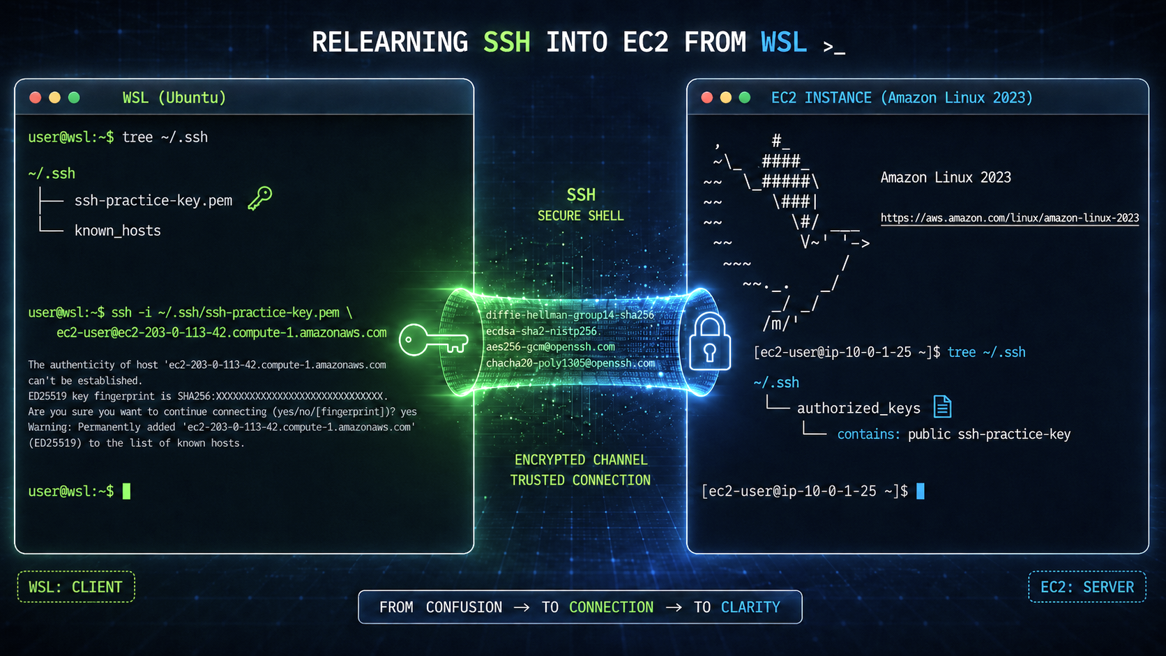 Illustration of a laptop, SSH key folder, server stack, and lock over a dark code background.