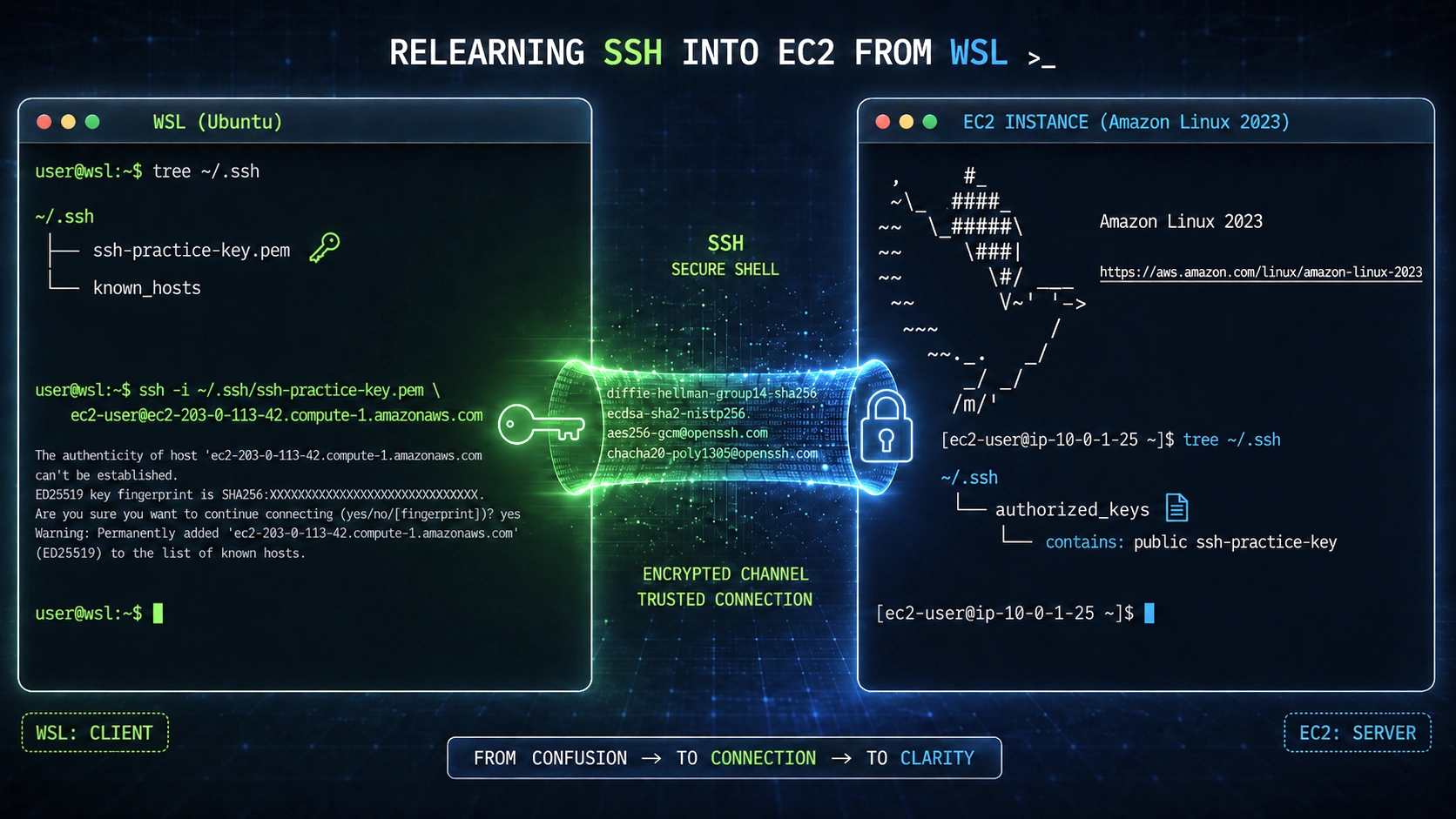 Illustration of a laptop, SSH key folder, server stack, and lock over a dark code background.