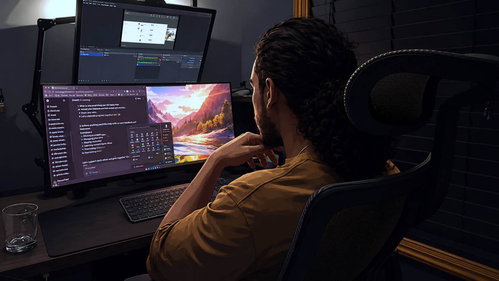 Person at a multi-monitor desk reviewing LLM and creative software.