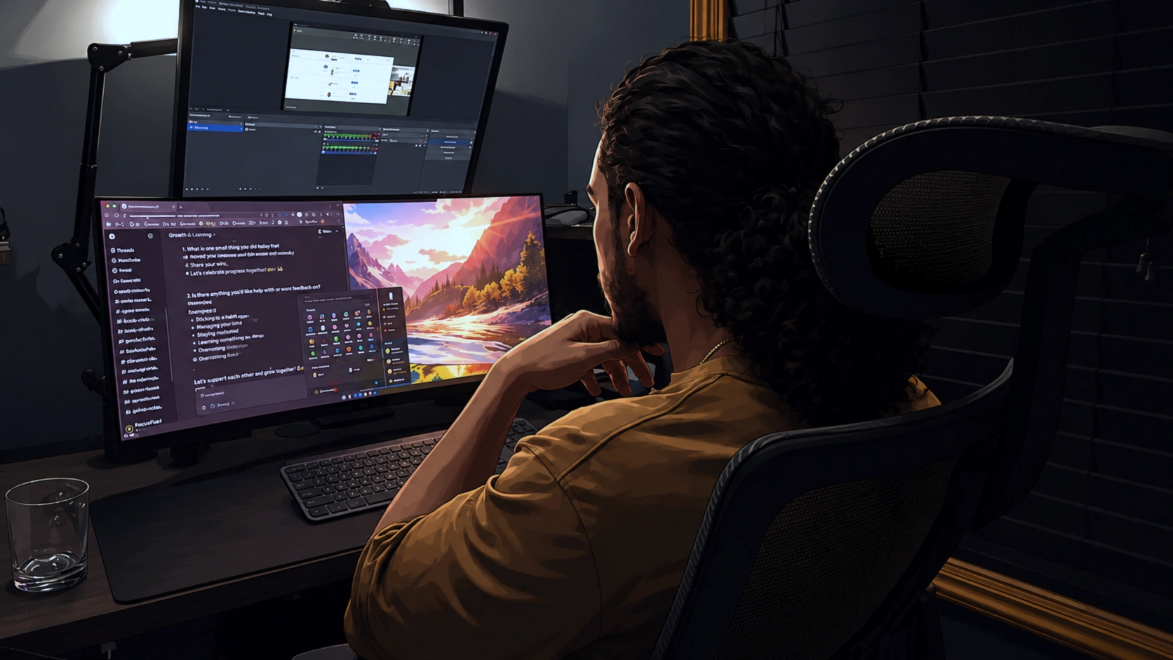 Person at a multi-monitor desk reviewing LLM and creative software.